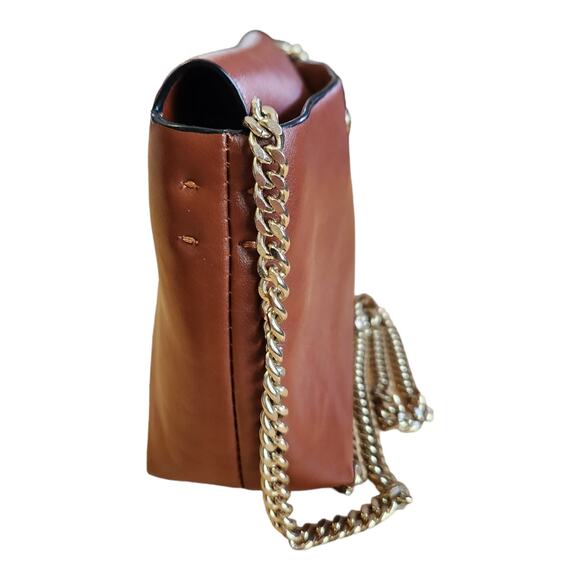 Zara Trafaluc Faux Cognac Brown Leather Gold Chain Crossbody Clutch Bag Purse - Picture 4 of 7